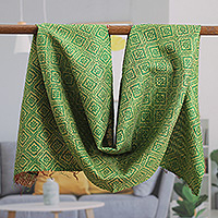 Reversible silk scarf, 'Classic Fusions' - Geometric-Patterned Green and Black Reversible Silk Scarf