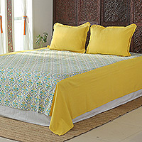 Block-printed cotton bedspread and pillow sham set, 'Jonquil Spring' (twin) - Block-Printed Jonquil Twin Bedspread and Pillow Sham Set