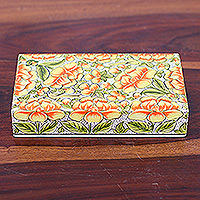 Wood decorative box, 'Blooming Kashmir in Yellow' - Yellow Papier Mache on Wood Floral Leaf Bird Decorative Box