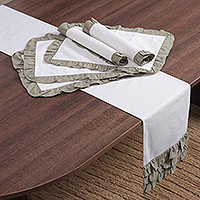 Cotton table runner and placemats, 'Classic Sage' (7 pieces) - Sage and White Table Runner and Placemat Set (7 pieces)