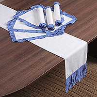 Cotton table runner and placemats, 'Classic Steel Blue' (7 pieces) - Blue and White Table Runner and Placemat Set (7 pieces)