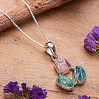 Apatite and rose quartz pendant necklace, 'Spectacular Trio' - Sterling Silver Apatite and Rose Quartz Pendant Necklace
