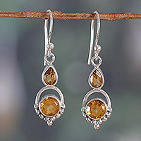 Citrine dangle earrings, 'Successful Yellow' - Two-Carat Faceted Pear and Round Citrine Dangle Earrings