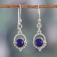 Lapis lazuli dangle earrings, 'Intellectual Allure' - Polished Lapis Lazuli Cabochon Dangle Earrings from India