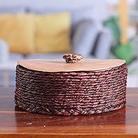 Natural fiber basket, 'Palatial Nature' - Handwoven Round Burgundy Natural Sabai Grass Fibers Basket