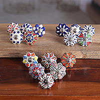 Ceramic knobs, 'Assorted Splendor' (set of 16) - Set of 16 Floral Patterned Multicolor Ceramic Knobs