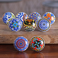 Ceramic knobs, 'Harmonious Beauty' (set of 9) - 9 Ceramic Knobs with Hand-Painted Floral and Leaf Motifs