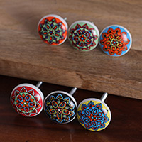 Ceramic knobs, 'Floral Dreams' (set of 6) - Set of 6 Hand-Painted Floral Mandala-Style Ceramic Knobs