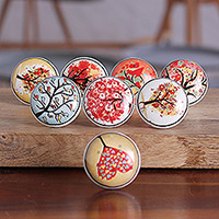 Ceramic knobs, 'Crimson Aura' (set of 8) - Set of 8 Nature-Inspired Hand-Painted Ceramic Knobs