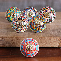 Ceramic knobs, 'Moroccan Delight' (set of 6) - 6 Hand-Painted Ceramic Knobs with Moroccan-Style Accents