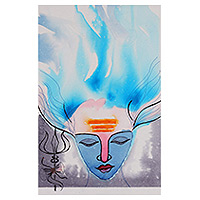 'Shiv Shakti' - Meditation-Themed Blue-Toned Watercolor and Acrylic Painting