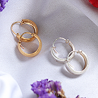 Gold-plated and sterling silver hoop earrings, 'Everyday Hoops' (set of 2) - Set of 2 Textured Gold-Plated and Sterling Silver Earrings