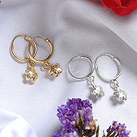 Gold-plated and sterling silver hoop earrings, 'Spring Hoops' (set of 2) - Set of 2 Floral Gold-Plated and Sterling Silver Earrings