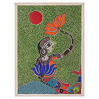 Madhubani painting, 'Dancing Mermaid II' - Acrylic Vegetable Dyes on Paper Mermaid Madhubani Painting