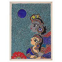 Madhubani painting, 'Radha and Krishna Eternal Love' - Romantic Madhubani Painting of Hindu Gods Krishna and Radha