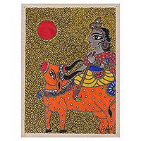 Madhubani painting, 'Lord Krishna & the Holy Cow' - Classic Natural Dye Madhubani Painting of Krishna and Cow