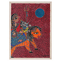 Madhubani painting, 'Motherly Bond' - Natural Dye Madhubani Painting of Parvati and Ganesha