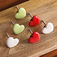 Ceramic cabinet knobs, 'Merry Hearts' (set of 6) - Set of 6 Handcrafted Heart-Shaped Ceramic Cabinet Knobs