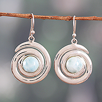 Larimar dangle earrings, 'Swirling Peace' - Sterling Silver and Natural Larimar Cabochon Dangle Earrings
