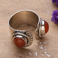 Carnelian wrap ring, 'Fiery Alliance' - Hammered Sterling Silver and Carnelian Wrap Ring