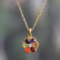 Gold-plated multi-gemstone chakra necklace, 'Golden Energy Bloom' - 22k Gold-Plated Floral Multi-Gemstone Chakra Necklace