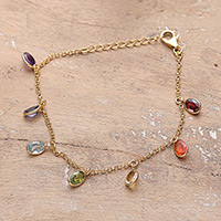 Gold-plated multi-gemstone charm bracelet, 'Sweet Golden Souls' - 22k Gold-plated Charm Bracelet with Two-Carat Faceted Jewels