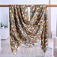 Wool and silk blend shawl, 'Spring Dream' - Floral Printed Yellow and Orange Wool and Silk Blend Shawl