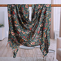 Wool and silk blend shawl, 'Spring Vitality' - Floral Printed Green and Red Wool and Silk Blend Shawl