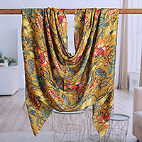 Wool and silk blend shawl, 'Blooming Sunshine' - Floral Wool and Silk Blend Shawl in a Honey Base Hue
