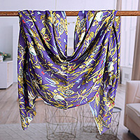Wool and silk blend shawl, 'Kashmir Realm' - Floral Printed Imperial Purple Wool and Silk Blend Shawl