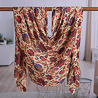 Wool and silk blend shawl, 'Splendor in Spring' - Spring-Inspired Beige and Red Wool and Silk Blend Shawl