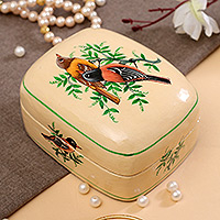 Papier mache decorative box, 'Bird Saga' - Bird-Themed Green and Ivory Papier Mache Decorative Box