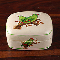 Papier mache decorative box, 'Valley Saga' - Bird-Themed Green and White Papier Mache Decorative Box