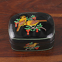 Papier mache decorative box, 'Our Night' - Bird-Themed Hand-Painted Black Papier Mache Decorative Box