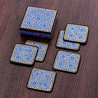 Wood and papier mache coasters, 'Blooming Winter' (set of 6) - Set of 6 Floral Blue Wood and Papier Mache Coasters