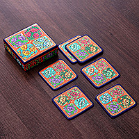 Wood and papier mache coasters, 'Summer Elixir' (set of 6) - Set of 6 Floral Painted Orange Papier Mache Coasters