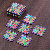 Wood and papier mache coasters, 'Enchanted Elixir' (set of 6) - Set of 6 Floral Painted Purple Papier Mache Coasters