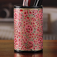 Wood and papier mache pen holder, 'Springtime Pink' - Round Pink and Golden Wood and Papier Mache Pen Holder