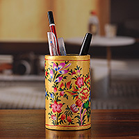 Wood and papier mache pen holder, 'Floral Sunshine' - Hand-Painted Floral Wood and Papier Mache Pen Holder in Gold
