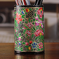 Wood and papier mache pen holder, 'Grandeur in Spring' - Floral Round Golden Wood and Papier Mache Pen Holder
