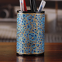 Wood and papier mache pen holder, 'Springtime Blue' - Round Blue and Golden Wood and Papier Mache Pen Holder