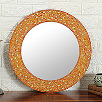 Glass mosaic wall mirror, 'Autumn Fragments' - Autumn-Inspired Round Orange Glass and Wood Wall Mirror