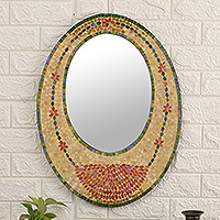 Glass mosaic wall mirror, 'Glorious Reflection' - Oval Green and Yellow Glass and Wood Mosaic Wall Mirror