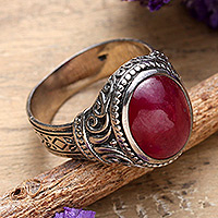 Men's ruby single stone ring, 'Handsome Appeal' - Men's Ruby Silver Single Stone Ring with Swirl Motifs