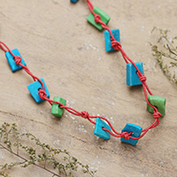 Cotton station necklace, 'Intrepid Magic' - Handcrafted Blue and Green Cotton Station Necklace