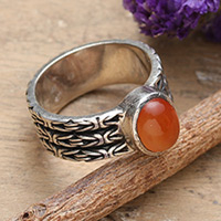 Carnelian single stone ring, 'Courageous Glow' - Classic Oxidized and Polished Carnelian Single Stone Ring