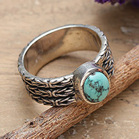 Sterling silver single stone ring, 'Lagoon Glow' - Oxidized and Polished Recon Turquoise Single Stone Ring
