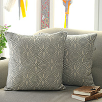 Cotton cushion covers, 'Grey Spring' (pair) - Floral-Inspired Dot Patterned Cotton Cushion Covers (Pair)