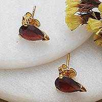 Gold-plated garnet stud earrings, 'Glorious Scarlet Gleam' - 22k Gold-Plated Natural Garnet Stud Earrings from India