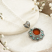 Carnelian and reconstituted turquoise pendant necklace, 'Radiant Bloom' - Carnelian Reconstituted Turquoise Silver Pendant Necklace